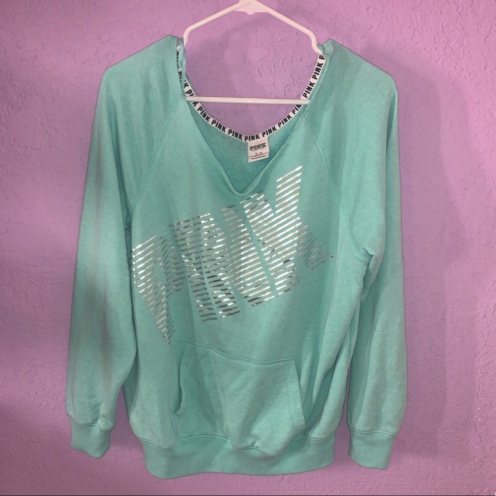 VS PINK teal off the shoulder sweater